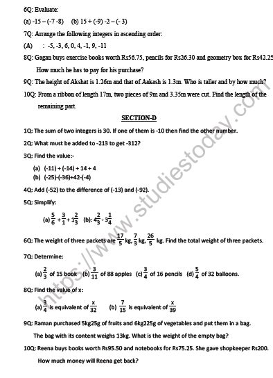 Cbse Class 6 Mathematics Integers Worksheet Set A