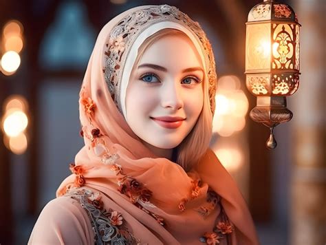 Premium Photo Smiling Beautiful Muslim Woman In Hijab With Lantern At