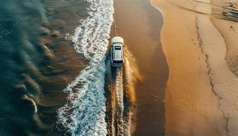 Premium Photo | Car rides on the sand of a sea beach top view