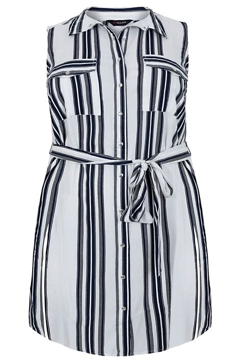 Navy And White Striped Sleeveless Longline Shirt With Side Slits