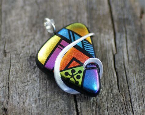 Patterned Dichroic Glass Cold Forged Sterling Silver Pendant By