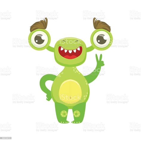 Monster Lucu Tersenyum Dan Tunjukkan Gerakan Perdamaian Emoji Alien