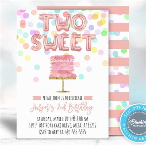 Two Sweet Editable Printable Birthday Party Invitation Etsy