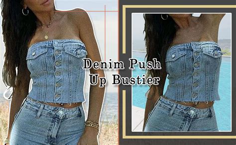 Sunloudy Women Denim Push Up Bustier Tube Top Strapless Button Up