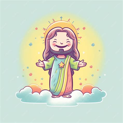 Un Dibujo Animado De Jesús De Pie En Una Nube Con Los Brazos Extendidos