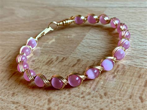 Pink Cats Eye Bracelet Gold Wire Wrapped Bracelet Cats Eye Etsy