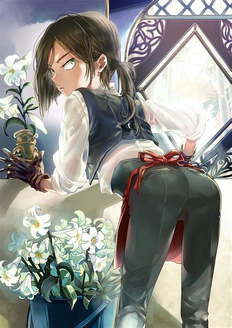 Safebooru 1boy Androgynous Black Hair Flower Green Eyes Highres Long Hair Male Original