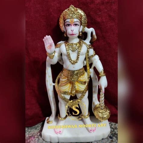 Golden Gold Plated White Marble Lord Aashirwad Hanuman Statue For