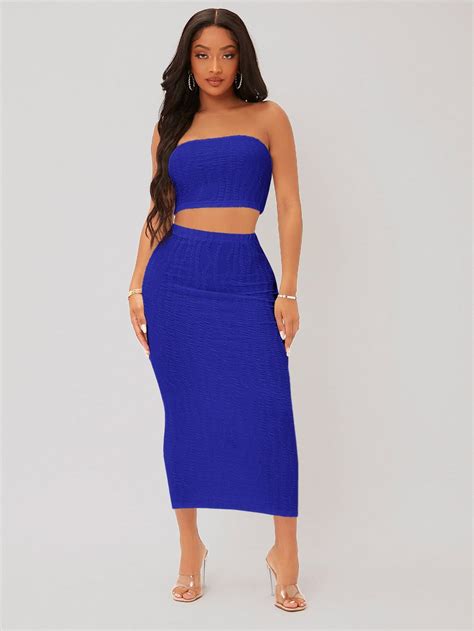 Shein Sxy Textured Crop Tube Top And Pencil Skirt Set Shein Usa