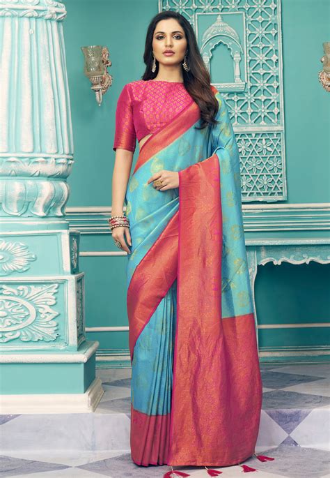 Silk Saree With Blouse In Sky Blue Colour 14004