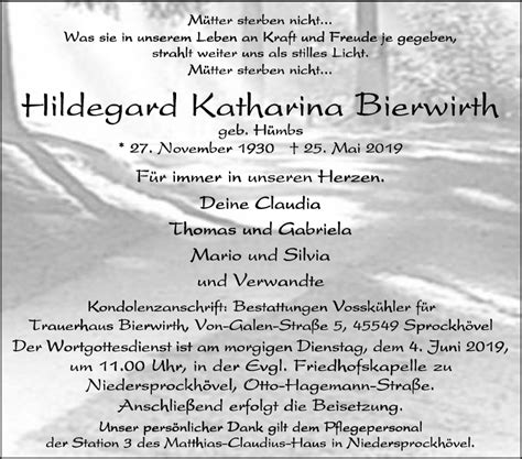 Traueranzeigen Von Hildegard Katharina Bierwirth Trauer In Nrw De