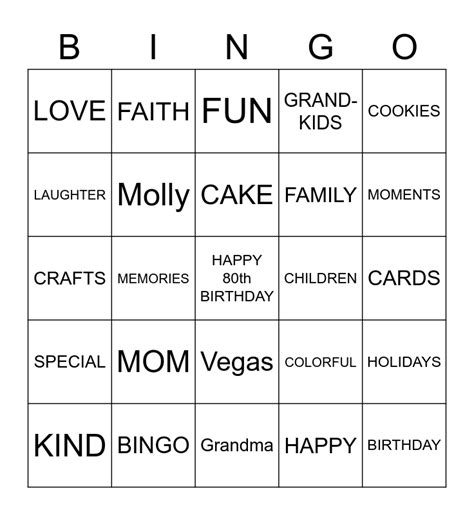 Barbara's 80th Birthday Bingo Card