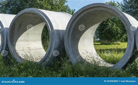 Reinforced Concrete Storm Sewer Pipes Of Large Diameter Stacked At A