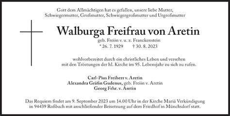 Traueranzeigen Von Walburga Von Aretin SZ Gedenken De