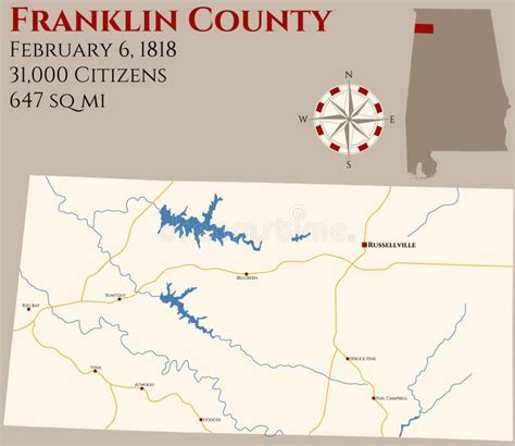 Map of Franklin County in Alabama Stock Vector - Illustration of lakes, cities: 142930530