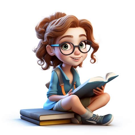 D Cute Cartoon Girl Studying Education Illustration Premium Ai