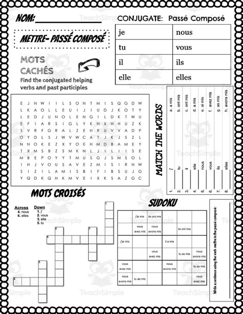 French METTRE Conjugation Worksheet By Teach Simple