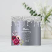 St Birthday Burgundy Florals Silver Glitter Drip Invitation Zazzle