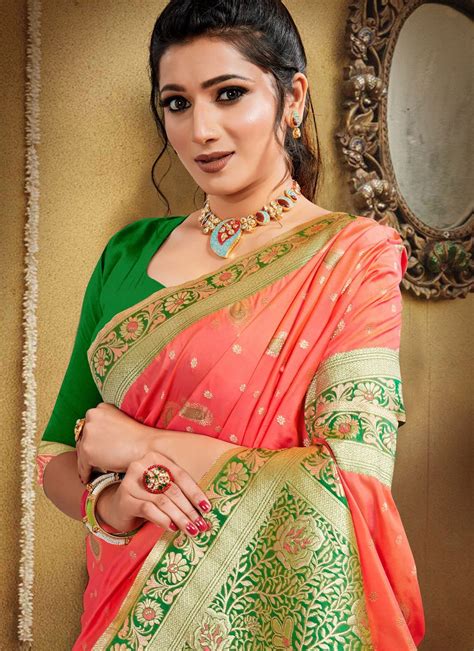 Buy Weaving Banarasi Silk Peach Traditional Designer Saree Online