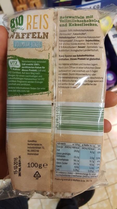 Sondey Lidl Bio Organic Reis Waffeln Vollmilch Kokos