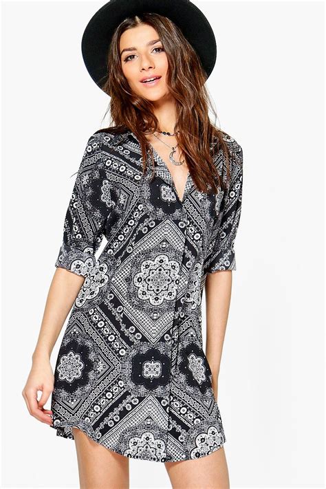 Boohoo Womens Alainia Monochrome Paisley Shirt Dress Ebay