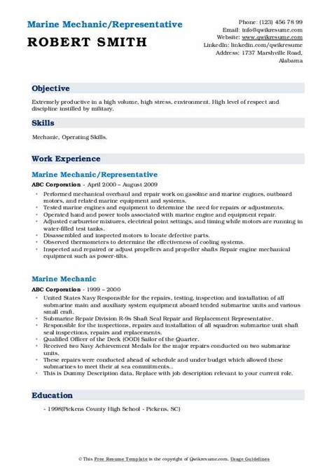 Marine Mechanic Resume Samples | QwikResume