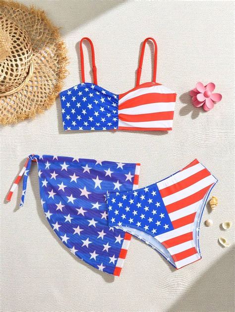 Tween Girl Pieces Bikini Set With American Flag Print Th Of July Bathing Suit Th Of July