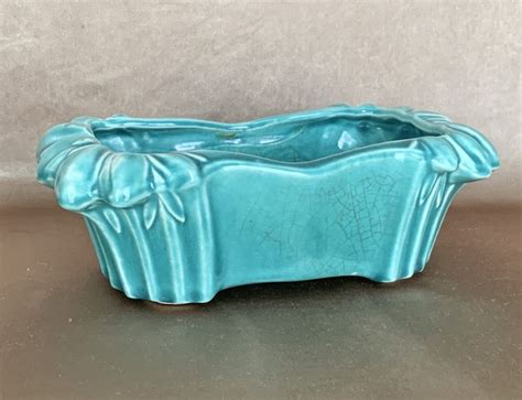 Vintage Mccoy Pottery Planter 1940s Blue Green Rectangular With Unique Design Pottery