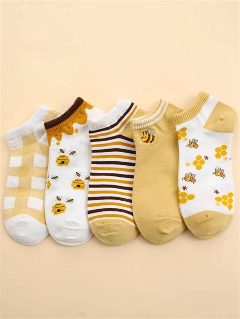 Pares Calcetines Tobilleros Con Estampado De Abeja En Medias