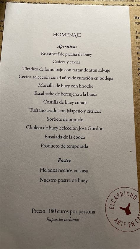 Menu at Bodega El Capricho restaurant Jiménez de Jamuz c Carrobierzo