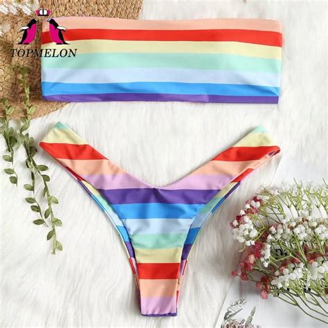 Topmelon Swimsuit Women Colorful Striped Bikinis Set Strapless Thong