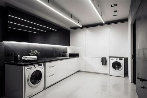 Una cocina blanca con gabinetes negros y electrodomésticos blancos