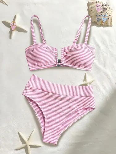 Bikini De Piezas Para Mujer Rayas Escote V Tiro Alto Sexy MercadoLibre