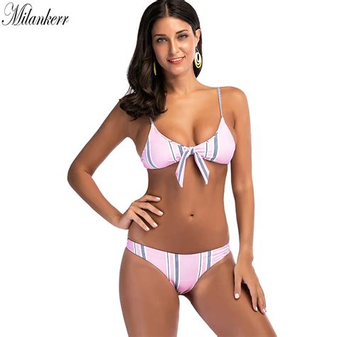 Striped Swimsuits For Women Sexy Low Waist Front Tied Tankini Swimwear