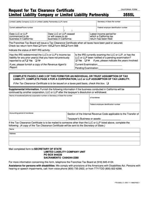 Form 3555l Request For Tax Clearance Certificate Limited Liability Company Or Limited