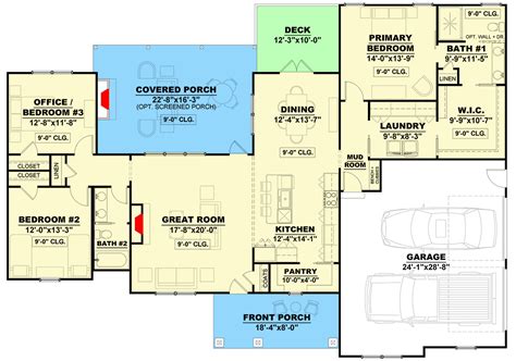 1876 Square Foot Rustic One Story House Plan With Flex Room And Huge Covered Rear Porch