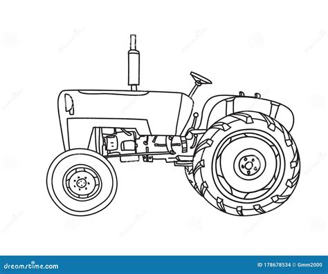 Old Tractor Vintage Hand Drawn Cute Vector Line Art Illustration Stock