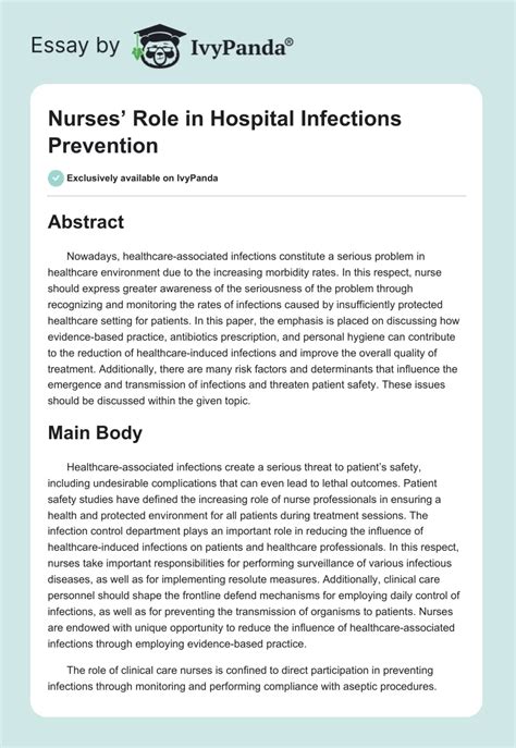 Nurses Role In Hospital Infections Prevention 863 Words Research Paper Example