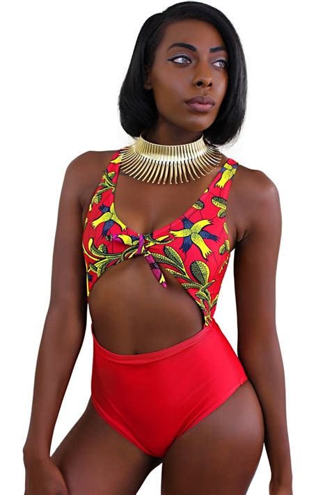 African Print One Piece Swimwear With Faux Tie Front African Etsy