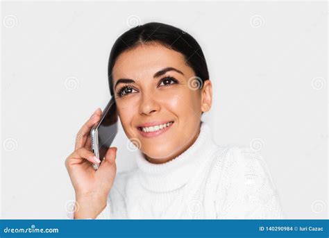 Beautiful Portrait Of Attractive Young Happy Woman With Mobile Phone