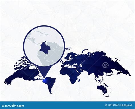 Colombia Detailed Map Highlighted On Blue Rounded World Map Stock