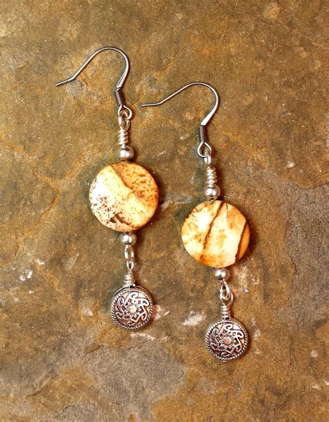 Picture Jasper Gemstone Earrings Dangle Pierced Fish Hook Style Ear