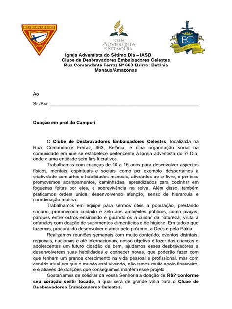 Texto Para Pedir Doação De Doces - Pedido de Doação para Campori 2023 | PDF