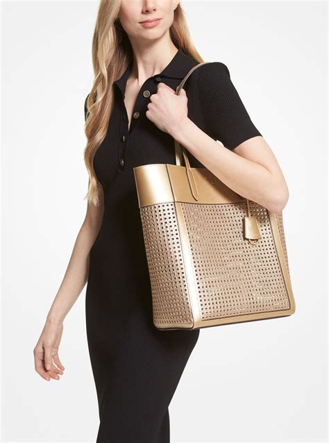 Mk Sinclair Large Perforated Metallic Leather Tote Bag Pale Gold