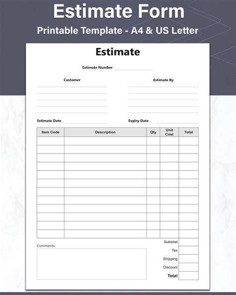 Estimate and Quote Template, Simple Estimate Form, Printable Quote and ...