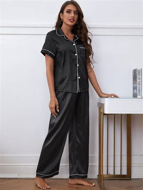 Striped Pocket Front Contrast Piping Satin Pj Set Shein Usa