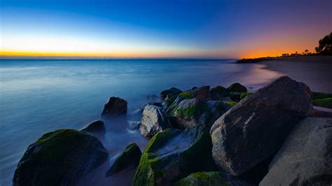 Wallpaper Matahari Terbenam Laut Teluk Batu Alam Pantai