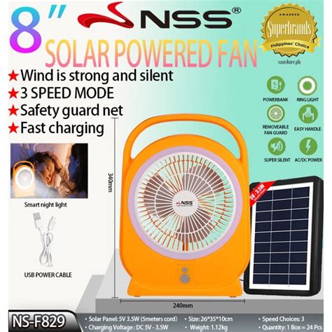 Nss Solar Electric Fan With Panel Rechargeable Powered Led Light Air