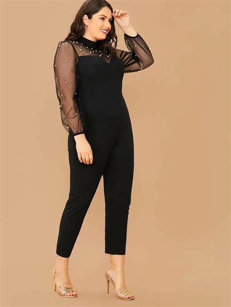 Plus Pearl Beaded Sheer Mesh Yoke Jumpsuit Without Belt Shein Usa