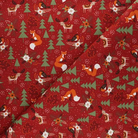 Tissu jersey Noël en forêt rouge Ma Petite Mercerie